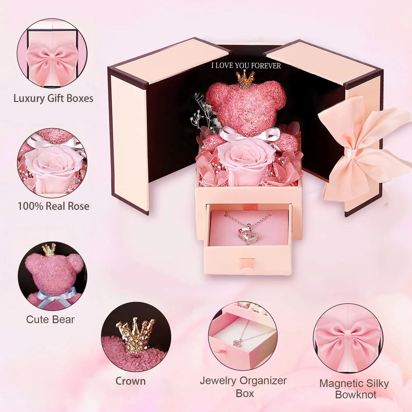 ETERNAL ROSE BEAR BOX WITH I LOVE YOU NECKLACE HEART PENDANT|GIFTS VALENTINE'S DAY|MOTHER'S DAY
