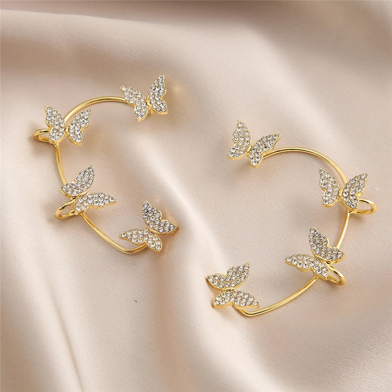 LEAF BUTTERFLY EARRINGS CLIP ON SPARKLING ZICONIA CUFFS FOR WOMEN